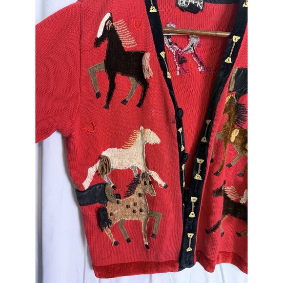 VTG Berek By Takako Sakon Red Equestrian Long Sleeve Horse Cardigan FLAWS Sz L - Picture 3 of 16